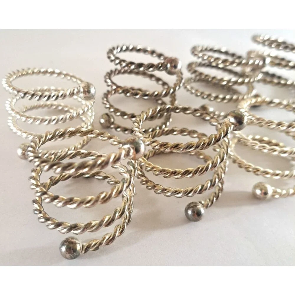 Vintage Coiled Napkin Rings Holders Set Of 8 Silver Tone Retro Modern Boho